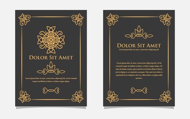 Vintage gold greeting card design with a black background. Luxury gold ornament template. For invitation, menu, wallpaper, brochure, decoration.