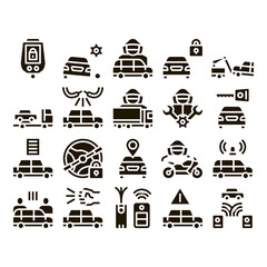 Car Theft Collection Elements Icons Set Vector Thin Line. Car Theft On Truck, Thief Silhouette Near Motorcycle And Van, Signaling And Electronic Key Pictograms. Monochrome Contour Illustrations