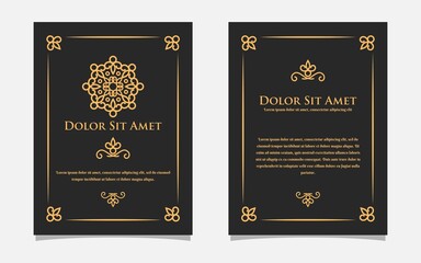 Vintage gold greeting card design with a black background. Luxury gold ornament template. For invitation, menu, wallpaper, brochure, decoration.