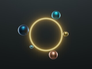 3D rendering yellow neon rings and metallic spheres