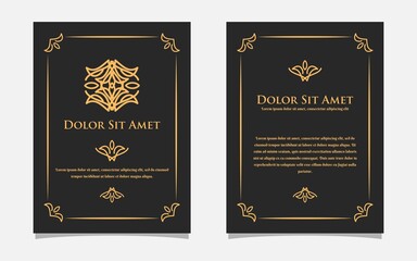 Vintage gold greeting card design with a black background. Luxury gold ornament template. For invitation, menu, wallpaper, brochure, decoration.