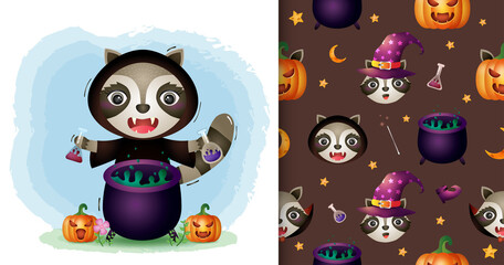 a cute raccoon with witch costume halloween character collection. seamless pattern and illustration designs