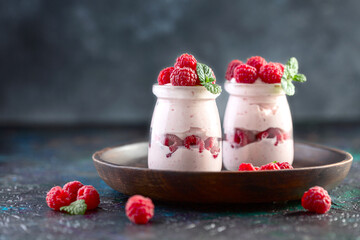 Homemade yogurt with raspberries.
