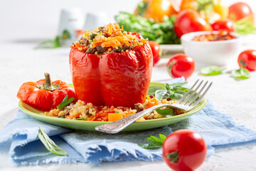 Sweet pepper stuffed with bulgur and vegetables.