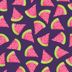 Cartoon watermelon slice seamless pattern template. Colorful contrast vector illustration on dark purple background for games, background, wallpaper, decor. Print for fabrics and other surfaces