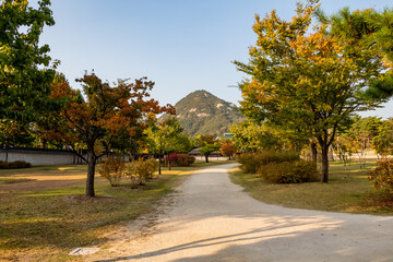 The gardens of Gyeongbokgung Palace, with Bugaksan Mountain in the background