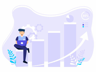 Target selection achieved. Concept of men sitting on top diagram Performance Measurement and Growth Goals. for Web Banner Infographic Images. Flat style illustration.