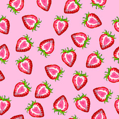 Realistic strawberry half slice seamless pattern template. Cartoon vector illustration on pastel pink background for games, decor. Print for fabrics and other surfaces. Coloring paper, page, book