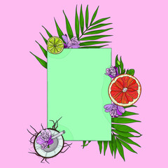 Realistic tropical inspired template with coconut, orange and palm leafs with outlines. Cartoon vector illustration on pastel pink background for games, background, pattern, decor. Print for fabrics
