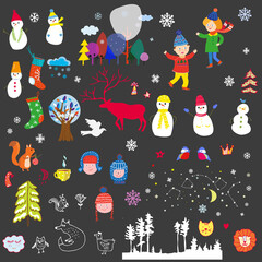 Christmas funny icons set with people, snow, decorations and animals. Cute design, vector graphic illustration - 378794274