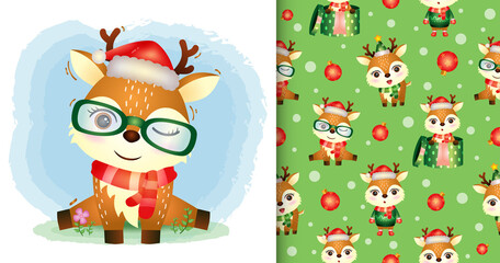 a cute deer christmas characters with santa hat and scarf. seamless pattern and illustration designs