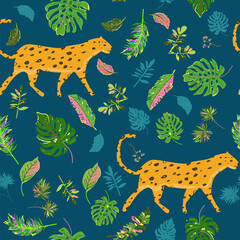 Leopard tropical seamless pattern with leaves and flowers. Vector graphic illustration - 378794415
