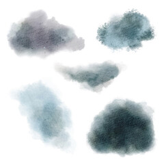 Watercolor stains set, bluish dirty shades, hand drawn 