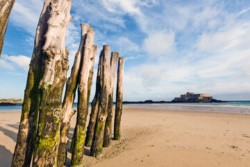 fort national and wooden Poles on the beach at low tide in Saint Malo, Brittany, France
