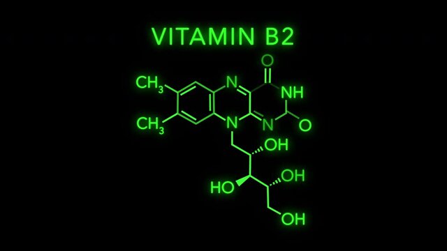 Vitamin B2 Molecular Structure Symbol Neon Animation on black background