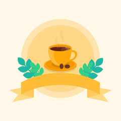 This is a card of a cup a hot coffee on a light background. Flat style. Could be used for flyers, postcards, banners, holidays, etc.