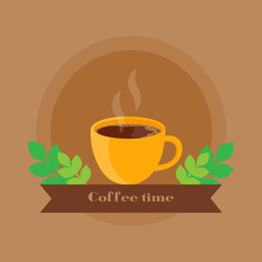 This is a vector illustration of a cup a hot coffee on a brown background. Flat style. Could be used for flyers, postcards, banners, holidays, etc.