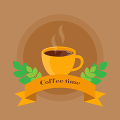 This is a vector illustration of a cup a hot coffee on a brown background. Flat style. Could be used for flyers, postcards, banners, holidays, etc.