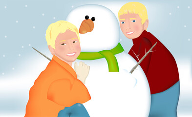 Portrait of two boys playing with a snowman