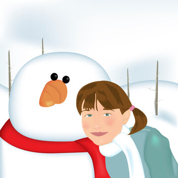 Portrait of a girl standing with a snowman