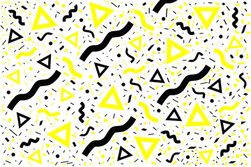 Geometric memphis style pattern seamless vector design. Abstract funky black and yellow figures pattern, geometric trendy seamless backdrop for graphic design, poster, wallpaper