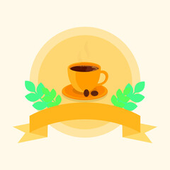 This is a card of a cup a hot coffee on a light background. Flat style. Could be used for flyers, postcards, banners, holidays, etc.