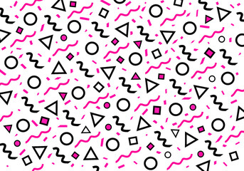 Seamless pattern design vector, abstract memphis style geometric fugures background. Black and pink trendy minimalist ornamental print, cover or poster seamless abstract vector background