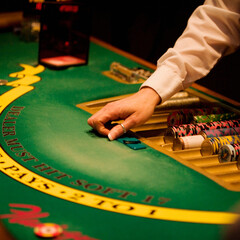 High angle view of a casino dealer dealing at a table, Las Vegas, Nevada, USA 