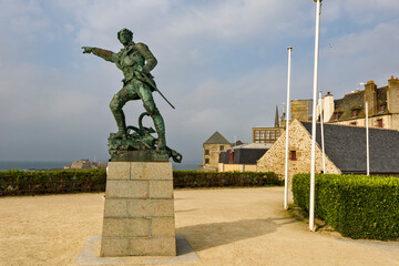 Monument to Robert Surcouf on a rampart of Saint Malo, Brittany, France
