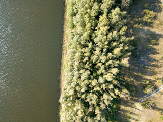 Green banks of a country river. Aerial drone view, sunny summer day.
