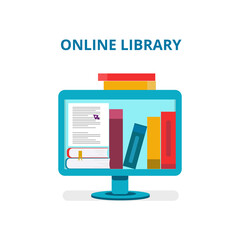 Online library. Laptop screen with books. Online reading, internet bookstore, E-library, remote training classes service.