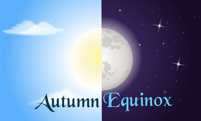 Vector illustration of half sun and half moon as autumn equinox, day and night equal 12 hours. Early fall astronomy. Nights become longer than Days in the Northern Hemisphere.