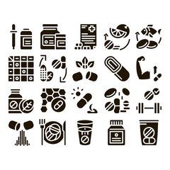 Supplements Collection Elements Icons Set Vector Thin Line. Pills And Drugs, Plastic Container With Dropper Bio Healthcare Supplements Glyph Pictograms Black Illustrations