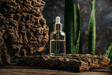 Cosmetic serum in a glass bottle with a pipette on a dark background with natural materials - ash bark and leaves.