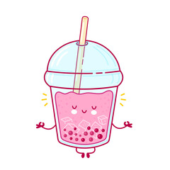 Cute happy funny bubble tea cup meditate