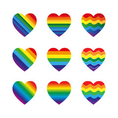 Collection of isolated rainbow hearts on the white background. Pride LGBT vector elements. Usable for banners, cards, posters