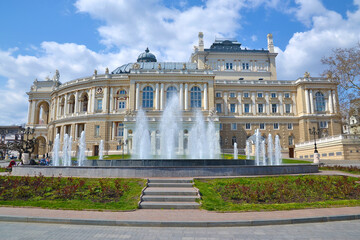 Opera and Ballet Theater, the oldest theater in Odessa. Side park with fountain, Ukraine