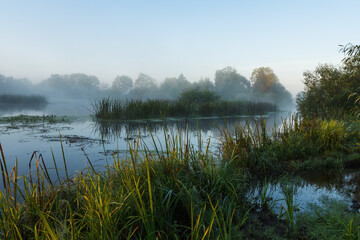 Fototapeta na wymiar Morning fog over the river. Dawn