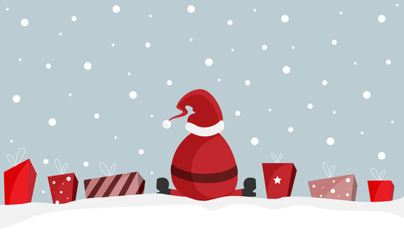 Geschenkkarte - Weihnachtsmann sitzt im Schnee zwischen Geschenken. Geschenkkarte. Banner. Blau