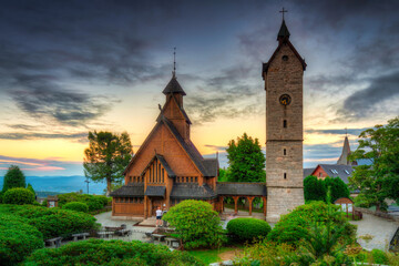 Beautiful Vang Stave Church in karpacz at sunset, Poland