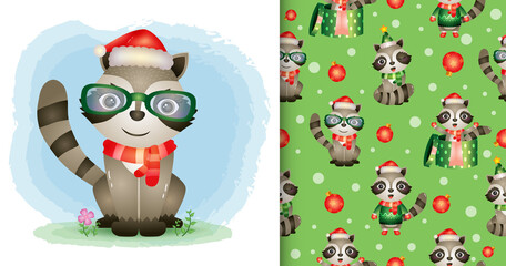 a cute raccoon christmas characters with santa hat and scarf. seamless pattern and illustration designs
