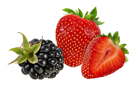 Fresh Strawberrie And Blackberry  Isolated On White Background With Clipping Path