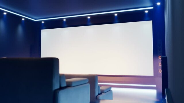 Beautiful home theatre. Modern cinema at the house. Multimedia room. Big screen.