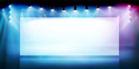 Large screen on the stage. Free space for advertising or displaying products. Show in art gallery. Colorful background. Vector illustration.