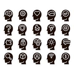 Mind Collection Elements Signs Vector Icons Set Thin Line. Gear And Brain Mind, Heart And Shield, Padlock And Coin Marks in Man Head Silhouette Glyph Pictograms Black Illustrations
