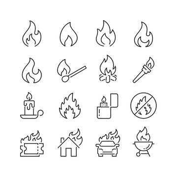 Flame related icons: thin vector icon set, black and white kit