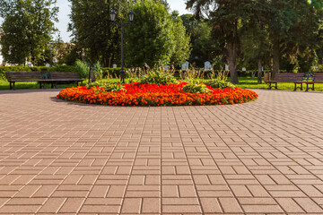 Flower bed in the park. The sidewalk is covered with red paving slabs.