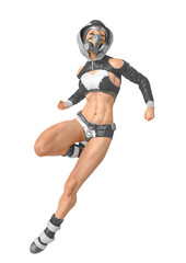muscular woman in a cyberpunk suit in comic action pose