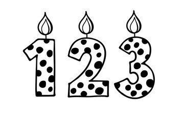 Cute number1 2 3. Hand drown vector figures with polka dot. Design for baby birthday, baby party decor, logo, sticker, greeting card, shirt print. Happy birthday. Anniversary celebration Template