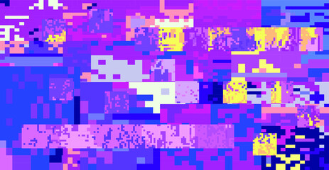 Glitch datamoshing camera effect. Retro VHS pink background like in old video tape rewind or no signal TV screen. Vaporwave and retrowave style vector illustration.